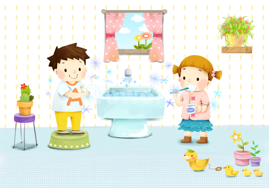 유치원,어린이,키즈,교육,어린이집,kids,초등학교,동화,학원,자연,남자아이,여자아이,girl,boy,여름,가을,커플,꽃,오리,장난감,화분,의자,창문,선반,아이비,세면대,수도꼭지,손씻기,양치질,오리장난감,선인장,벽지,toy,room,방,indoors,bathroom,화장실,어린이,어린아이,child,children,kid,그래픽,일러스트레이션,graphic,illustration