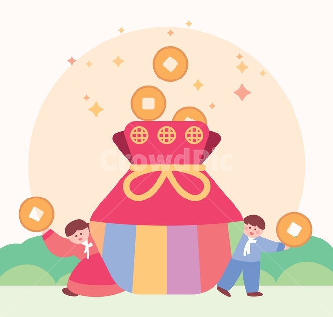 복주머니,추석,설날,명절,휴일,동전,엽전,돈,코인,여자,남자,한복,전통,한국,일러스트,그림,귀여운,사람,꼬마,전통의상,이벤트,디자인소스,한국전통,한국문화,korean traditional,korean culture,한복,한국전통의상,hanbok,korean traditional clothes,그래픽,일러스트레이션,graphic,illustration