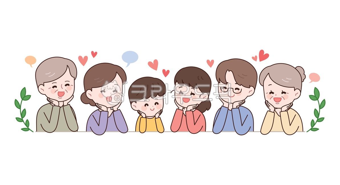 가족,다같이,같이,함께,패밀리,엄마,아빠,부모님,조부모님,할아버지,할머니,노인,청년,부부,부인,남편,아들,딸,어린이,아이,유치원생,꼬마,남자아이,이야기,하트,토크,일러스트,벡터,귀여운,캐릭터,인물,사람,5월,대가족,어머니,아버지,가정,가정의달,화목한,행복한,단체,어버이날,꽃받침,삼대,3대,투게더,라인,선,장식