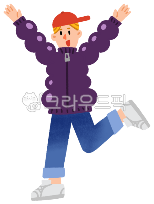 남자,소년,어린이,캐릭터,인물,전신캐릭터,활기찬,즐거운,신나는,환호하는,점프하는포즈,양손을번쩍든,만세,한발들기,보라색점퍼,퍼플패딩,볼록한외투,겨울옷차림,빨간색모자,야구모자,캡모자,금발머리,노란색머리,청바지,데님팬츠,롤업바지,흰색운동화,스니커즈,웃음,벌린입,energetic,happy,excited,cheering,jumpingpose,handsup,hurray,onelegup,purplejumper,purplepufferjacket