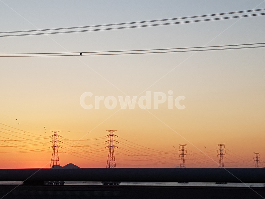 풍경,석양,노을,전선,sunset,자연,풍경,nature,landscape,cable,케이블,power lines,전력선,electric transmission tower,송전탑