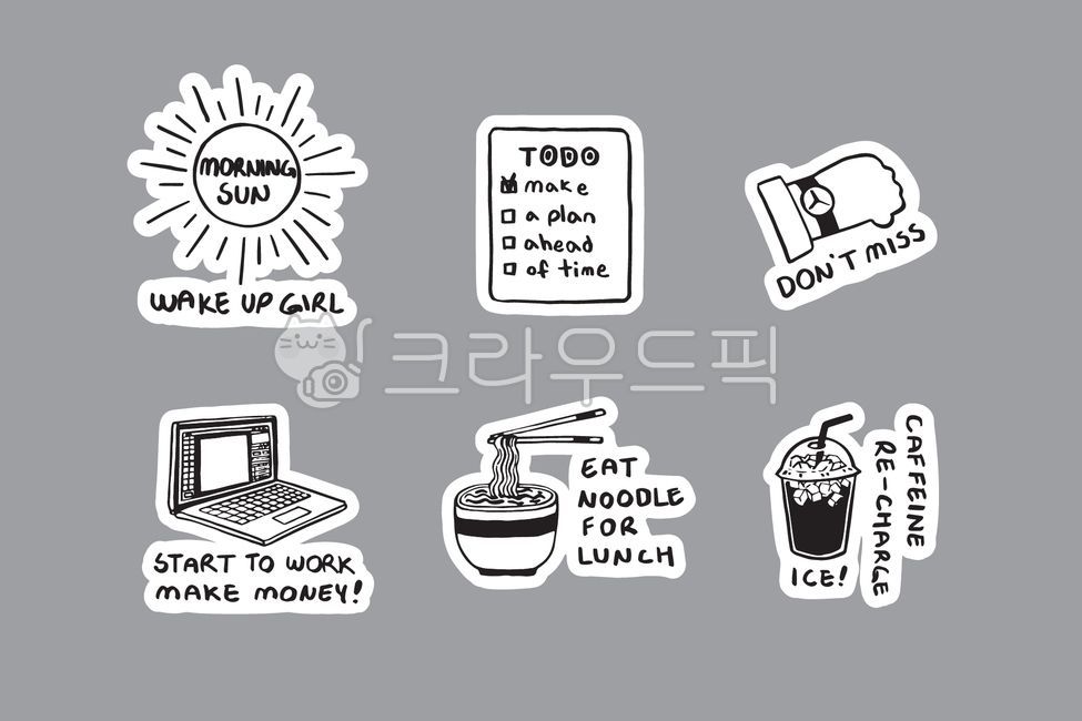 Sticker,laptop,computer,electronic device,work,work,sun,morning,weather,list,list,to-do,lunch,meal,noodles,ramen,noodles,kalguksu,udon,chopsticks,food,drink,coffee,americano,iced coffee,iced americano,ice,cup,disposable cup,st