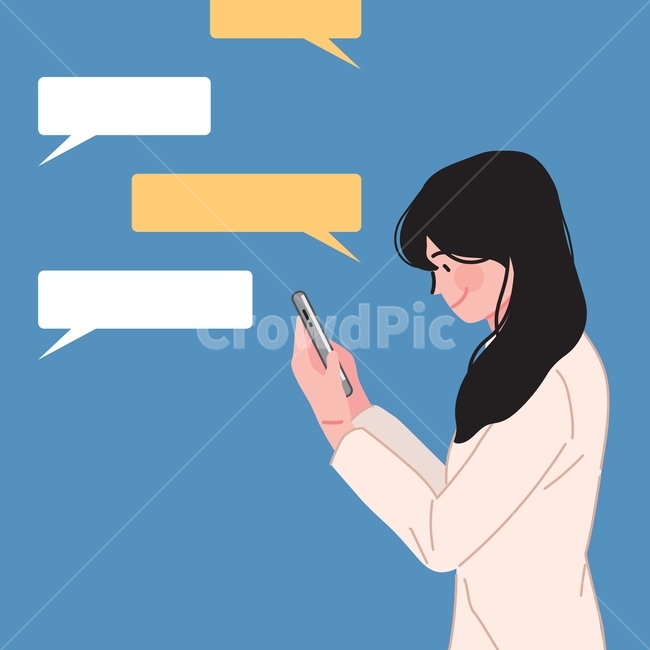 스마트폰,어플,채팅,대화,문자,문자메세지,메세지,말풍선,사람,인간,인물,젊은,현대,휴대폰,연락,카톡,어플리케이션,신세대,화면,일러스트,벡터,그림,상황,삽화,여자,그래픽,일러스트레이션,graphic,illustration