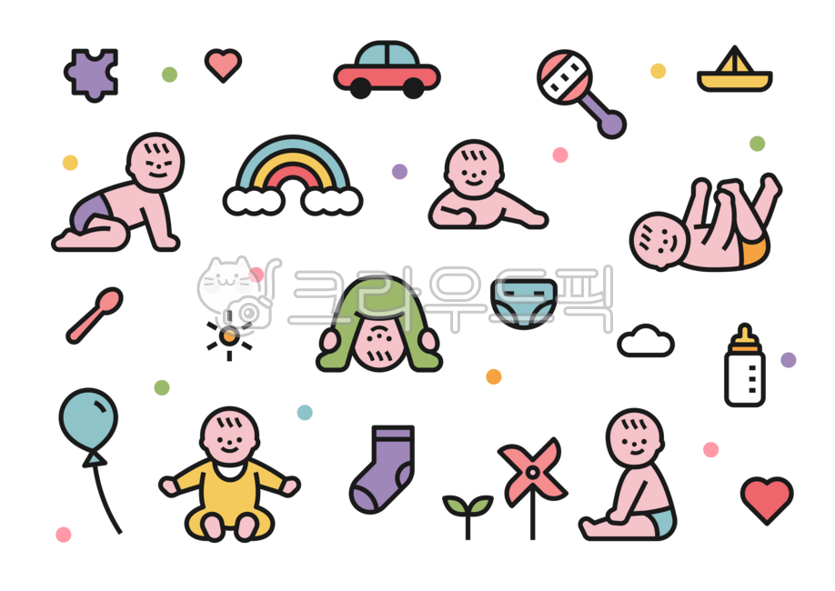 외곽선,심플,단순한,일러스트레이션,귀여운,아기,육아,돌보다,부모,아이콘,용품,기어가다,무지개,장난감,젖병
