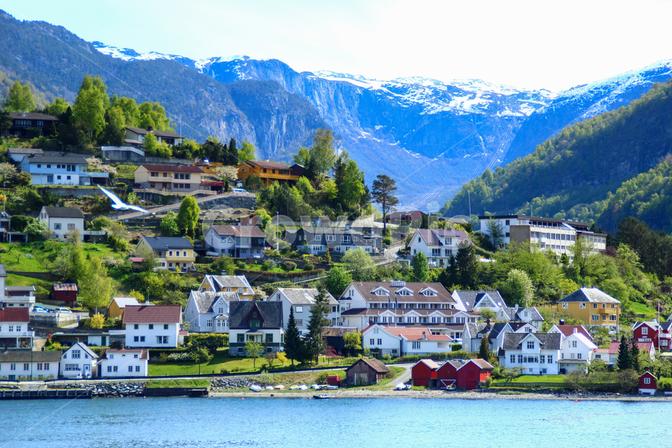 blue sky,small village,city,magnificent,cute,spring,Sognefjord,beautiful,fjord,mountain,foot of the mountain,Aurlandfjord,small town,scandinavia,sight,bottom of a mountain,europe,picturesque,sky,Cliff,green,nature,everyone,countryside,icecap,fairy tale vi