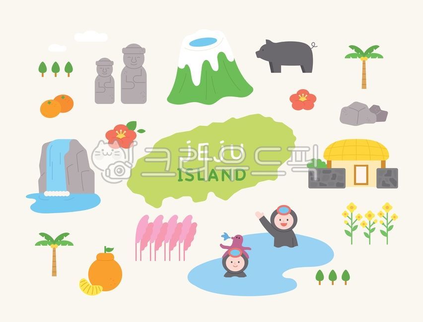 Outline,simple,plain,illustration,Jeju Island,cute,symbol,tourism,nature,specialty,female diver,sea,Mt. Halla,black pig,waterfall,thatched house,stone hareubang,tangerine,rape blossoms,basalt,landmark,greeting,hello