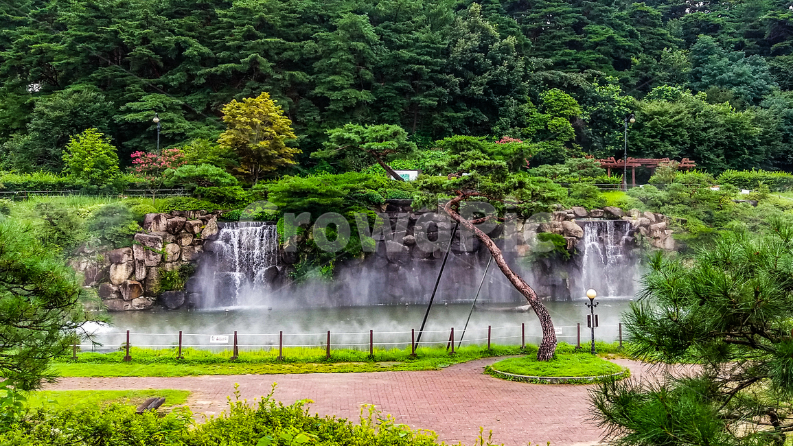 정원,연못,물안개,폭포,소나무,자연,풍경,nature,landscape,water,물,river,강,outdoors,옥외,waterfall