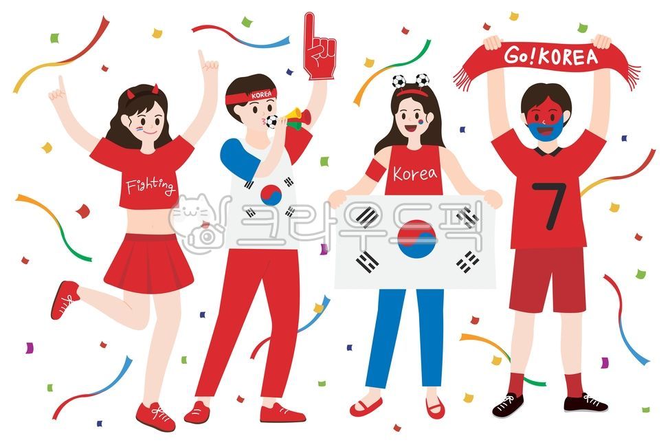 월드컵,응원,붉은악마,한국,파이팅,플래카드,함성,환호,영어,즐거움,일러스트,열정,여자,남자,어른,스포츠,응원단,축구,축구공,응원도구,태극기,폭죽,꽃가루,축제,팬,illustration,design,문화,부부젤라,손가락,치어리더,배너,사람,people,korea,korean,꽃종이,태극마크,페이스페인팅,분장,응원복,패션