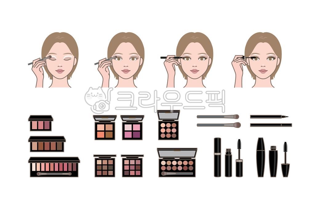 셰도우,아이셰도우,아이라이너,마스카라,파레트,팔레트,브러시,브러쉬,눈,눈화장,리퀴드,붓펜,제품,도구,화장품,그리기,그리는,아이콘,메이크업,화장,화장법,뷰티,미용,코스메틱,예쁜,아름다운,여자,여성,사람,인물,얼굴,손,캐릭터,일러스트,그래픽,라인일러스트,라인,방법,사용법,가이드,순서,과정