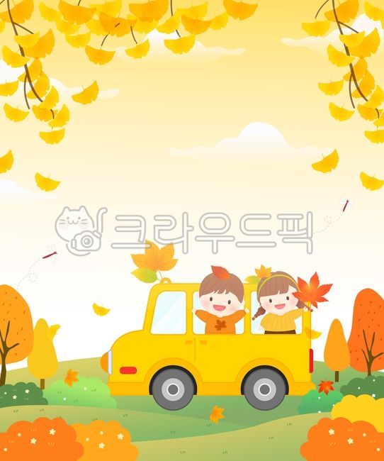 bed,bus,education,school car,cute Background,family communication,infant,fall image,girls character,kindergarten car,character,daycare illustration,leaves,children,going to school,childrens car,stationery,season,fall scenery,border,sky,maple tree,children