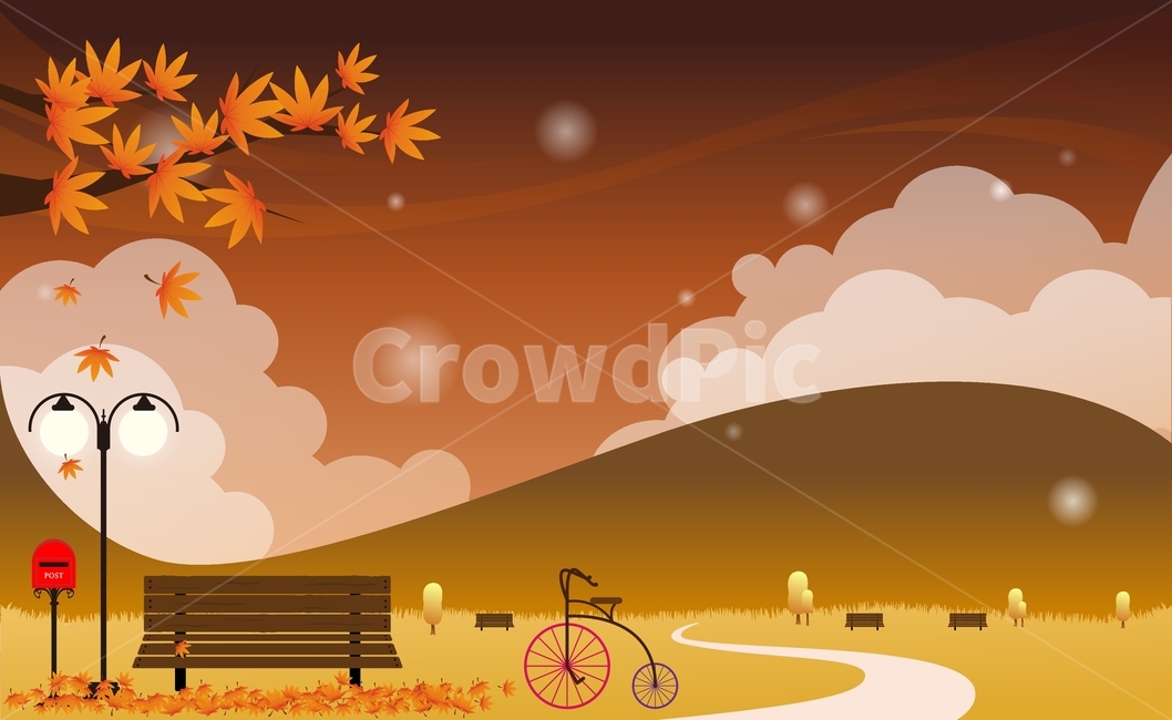 단풍,벤치,가로등,자전거,우체통,가을,플랫디자인,일러스트,가을,계절,fall,autumn,season,그래픽,일러스트레이션,graphic,illustration