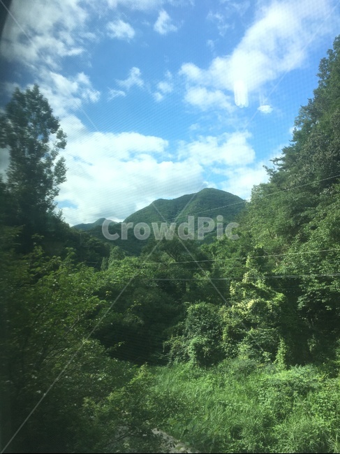 산,자연,풍경,나무,구름,하늘,푸른하늘,풀,초록,창밖풍경,자연광