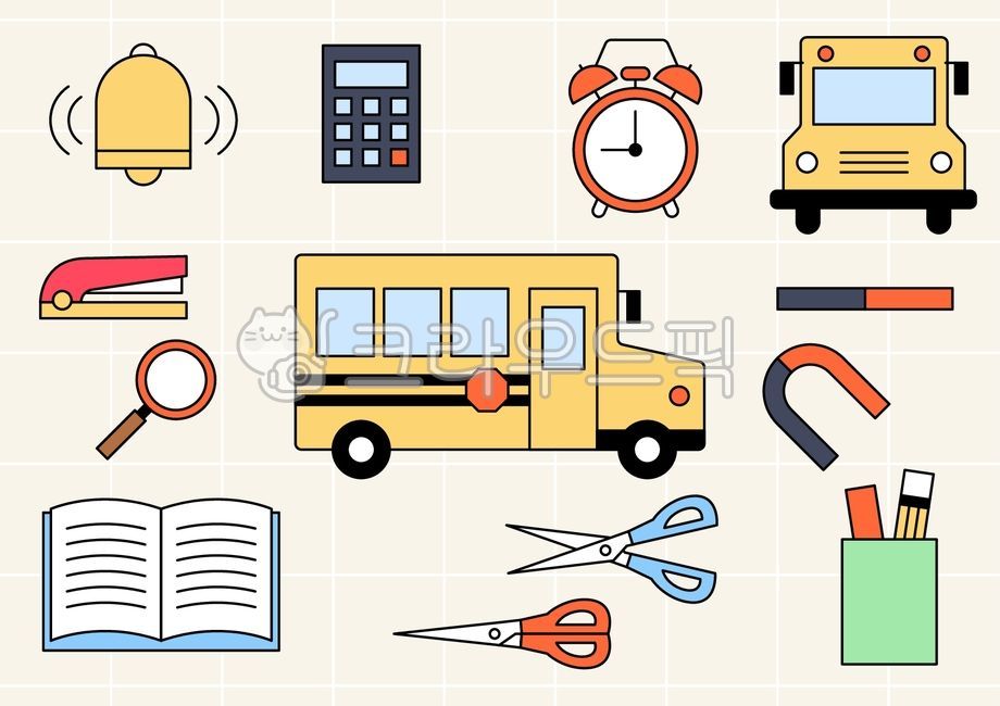 bus,symbol,education,objects,school,Picture,supplies,drawing,pen,stationery,magnifying,notebook,element,calculator,glass,studying,stapler,colored pencil,clock,pencil holder,bell,background,object,note,study,line,book,icon,isolated,learning,outline,flat,al