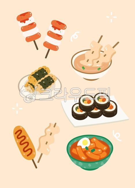 Snacks,illustrations,fish cake soup,kimbap,street food,tteokbokki,hot dogs,fish cake skewers,fish cake,fish cake skewers,seaweed rolls,fried seaweed rolls,tteok skewers,small rice cakes,snacks,snack shops,delicious snacks,snacks in front 