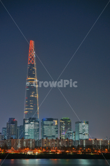 Jamsil,night view,white way,light,skyscraper,2nd Lotte World,high rise building,Han River