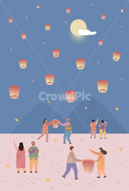 가을,풍등,축제,소원,사람,캐릭터,여자,남자,커플,공원,풍경,계절,일러스트,그림,디자인