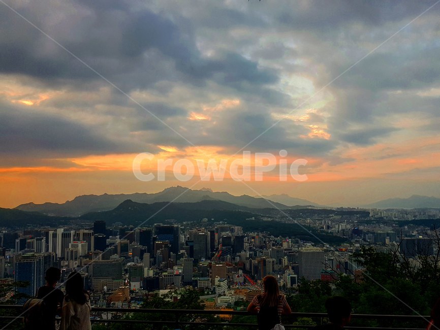 남산,노을,일몰,서울,구름,하늘,전경