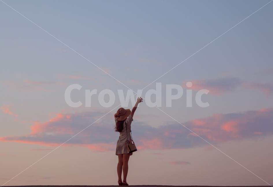 sky,Feeling light,woman,traveling alone,touching,back,dinner,adventure,cloud,YOLO,Red,emotion,freedom,happiness,sunset,sight,female,travel