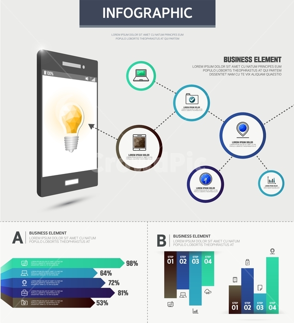 infographic,polygon,bulb,icon,text,text box,Smartphone,graph,element