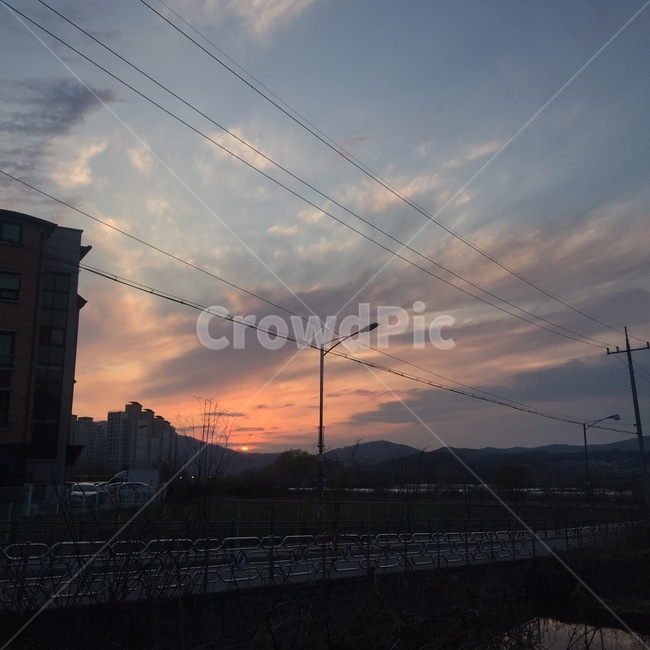 하늘,풍경,가로등,나무,구름,봄,꽃,달,다리