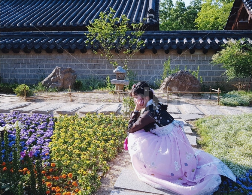 여행,전주,대한민국,한복,꽃밭,꽃,인물사진,인물,한국전통,한국문화,korean traditional,korean culture,한복,한국전통의상,hanbok,korean traditional clothes,사람,인물,인간,human,person,여성,여자,woman,female,lady