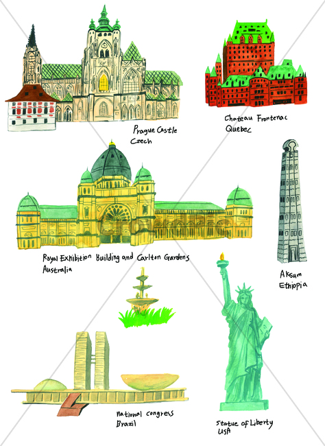 손그림,물감그림,handdrawing,watercolor,문화유적,culturalrelics,관광지,touristattraction,royalexhibitionbuilding,멜버른왕립전시장,sights,praguecastle,nationalcongress,국민회의파,chateaufrontenac,샤토프롱트낙,프라하성,aksum,아크숨,자유의여신상,statueofliberty