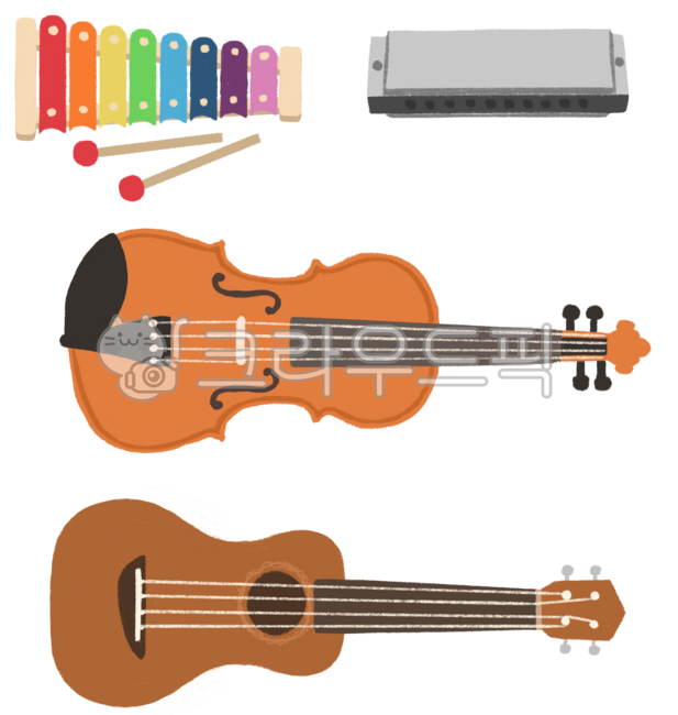 Musical instruments,xylophone,harmonica,violin,ukulele,hand drawing,illustration