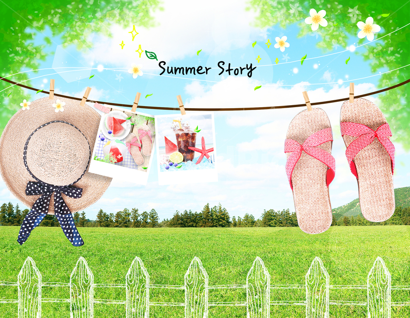 모자,사진,샌들,초원,하늘,꽃,여름,감성,여름,계절,summer,season,자연,풍경,nature,landscape,그래픽,일러스트레이션,graphic,illustration