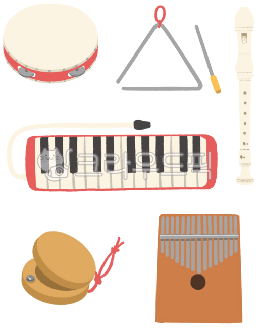 리듬악기,탬버린,리코더,캐스터네츠,칼림바,트라이앵글,멜로디언,손그림,일러스트
