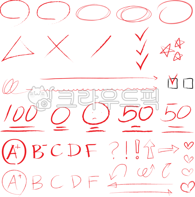 채점, 마킹, 빨간, 색연필, 빨강펜, 사진,이미지,일러스트,캘리그라피 - oxsbrush작가