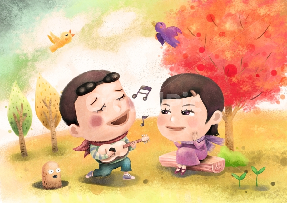 play,couple,moved,commercial painting,oil paint,situation picture,smile,pastel,character,music,etc,bird,sight,commercial art,song of love,female,conversation,proposal,handwork,Bean sprouts,hand drawing,pleasure,tree,mole,feeling,girl,painter,person,backgr