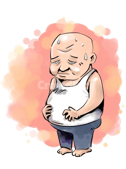 노인,노년,중년,질병,질환,쇠퇴,퇴화,쇠약,노인질병,노년질병,노인성질환,노인건강,병자,환자,치료,건강,질병관리,건강관리,노약자,고령화,노령화,노화,노인복지,노후,늙음,노망,장애,보건,사회문제,노인층,60대,70대,80대,90대,아픔,고통,통증,보험,캐릭터,가난,빈곤,빈곤층,소외,소외계층,회화,펜화,페인터,일러스트,만화,수채화,삽화,상황그림,상황일러스트,드로잉,핸드드로잉,아트,미술,비만,과체중,몸무게,노인비만,복부비만,복부지방,내장지방,당뇨,지방,콜레스테롤,뱃살,허기,두려움,식은땀,중풍,운동부족,포만감,허리둘레,성인병,피로감,피로,거북함,답답함,남자,할아버지,human,인간,person,사람,노인,어르신,old man, senior citizen,그래픽,일러스트레이션,graphic,illustration