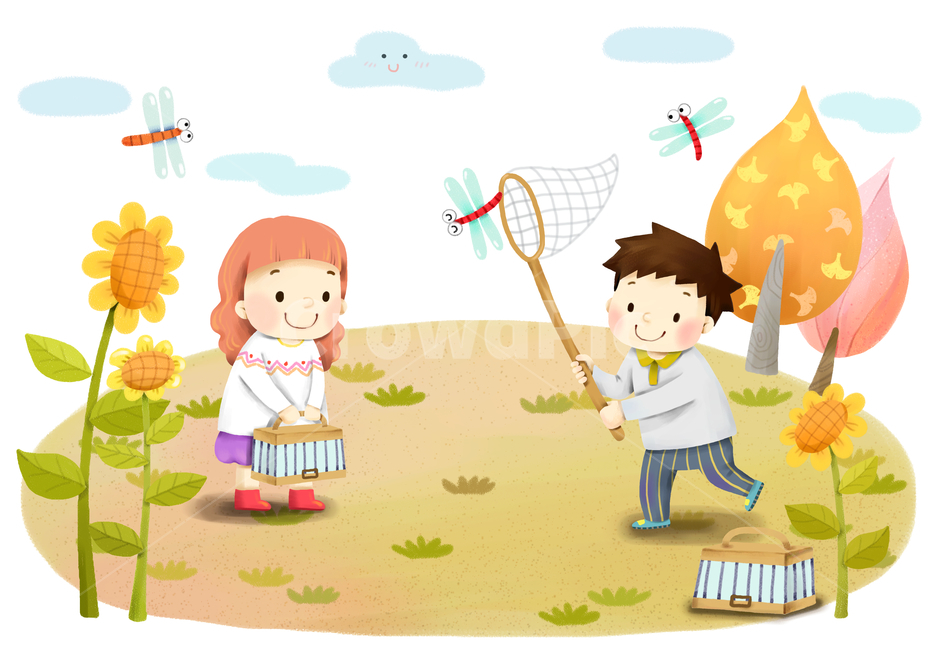 play,hi,couple,education,collecting bin,boy,cloud,dragonfly,dragonfly net,mountain,fall,fallen leaves,school,children,road,grass,fairy tale,insect,academy,nature,tree,Kindergarten,girl,sunflower,flower,hill,insect collection,garden,illustration,hello