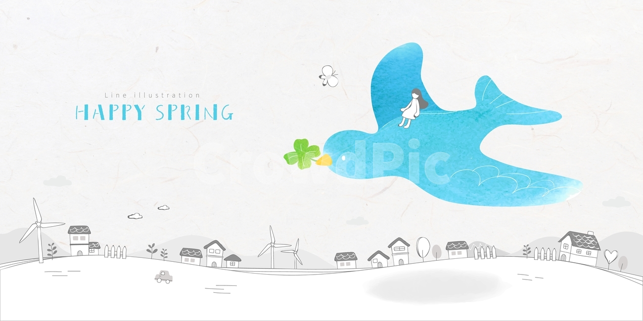 클로버,새,비둘기,제비,봄,여자,소녀,마을,집,감성,배경,백그라운드,봄,계절,spring,season,동물,animal,조류,새,birds,그래픽,일러스트레이션,graphic,illustration