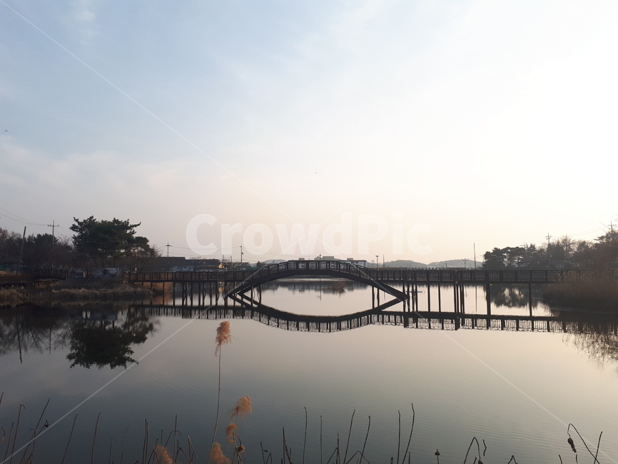 다리,반사,풍경,연못,하늘