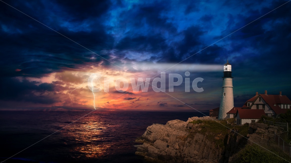 등대,바다,불빛,저녁,신호,등대,lighthouse