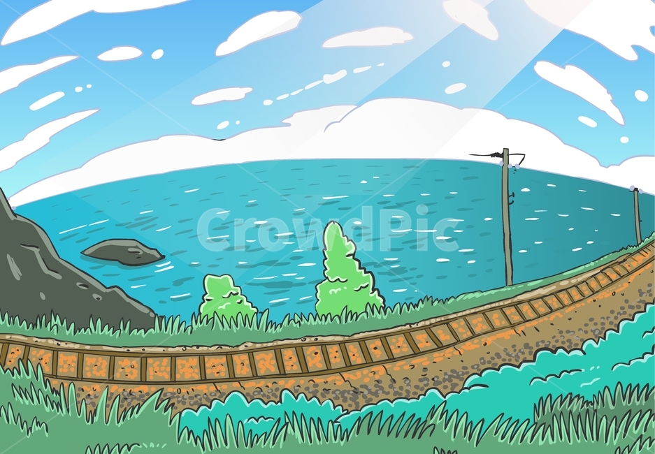 natural,landscape,풍경화,풍경그림,백그라운드,예쁜,아름다움,예쁜그림,자연,경치,경관,자연경관,풍경,자연풍경,배경,낮,실외,야외,여행지,휴양지,피서,여름,무인,일러스트,일러스트레이션,벡터,벡터일러스트,eps,드로잉,아트,삽화,만화,카툰,디자인,아트클립,클립아트,그림,콘셉트,웹,앱,소스,웹소스,앱소스,기차길,여행,여행길,바다,바다배경,바다전경,해변,수평선,바닷물,해안,구름,하늘,햇볕,햇빛,나무,풀,그래픽,일러스트레이션,graphic,illustration