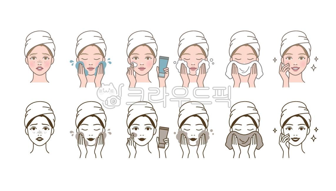 세수,세안,클렌징,폼클렌징,거품,스킨케어,뷰티,피부,미용,관리,코스메틱,피부관리,예쁜,아름다운,여자,여성,사람,인물,얼굴,캐릭터,beauty,cosmetic,skincare,face,일러스트,그래픽,아이콘,라인일러스트,라인,illustration,icon,세트,sets,화장품,제품,eps,벡터,vector,수건