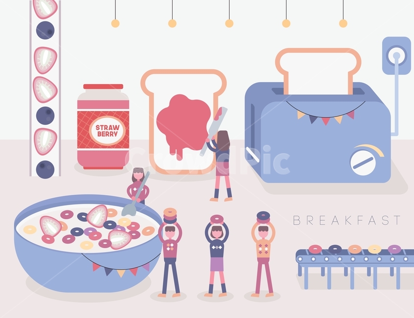 토스트,사람,작은,거대한,토스터,토스트기,잼,병,귀여운,캐릭터,일러스트,과일,시리얼,식빵,음식,아침식사,빵,코드,전깃줄,레일,딸기,블루베리,스웨터,요정,판타지,벡터,일러스트레이션,그래픽,일러스트레이션,graphic,illustration