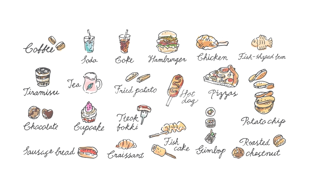 길거리음식,붕어빵,분식,패스트푸드,카페,커피,엉어필기체,피자,김밥,떡볶이,감자튀김,오뎅,어묵,겨울음식,치킨,음료수,사이다,소다,콜라,핫도그,컵케잌,초코렛,아이콘,세트,벡터,일러스트,음식,식재료,요리,food,cook,meal,dishes,food reserves,그래픽,일러스트레이션,graphic,illustration