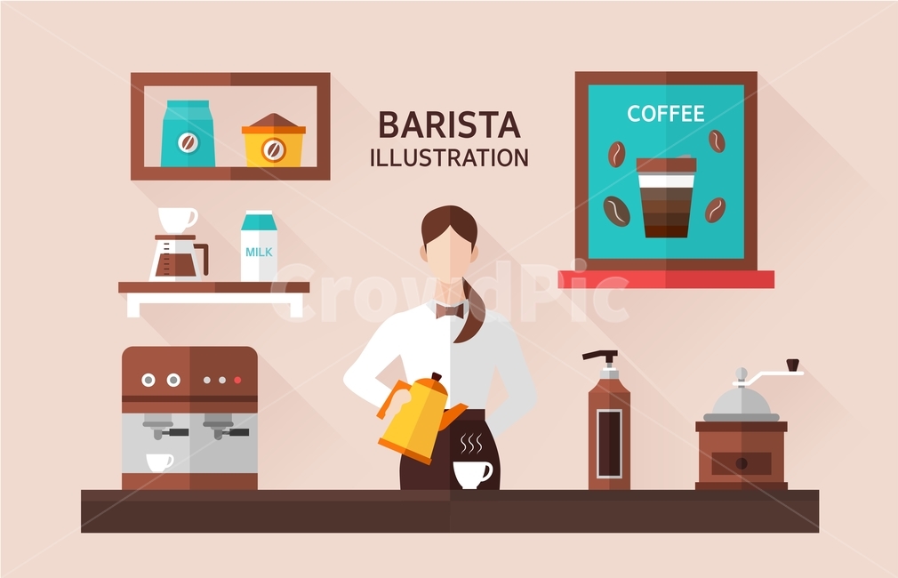 coffee beans,Barista,coffee cup,coffee,flat design,milk,coffee machine