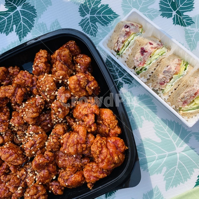 치킨,닭강정,chicken,샌드위치,sandwish,소풍,나들이,picnic,봄,spring,도시락,boxlunch,돗자리,mat