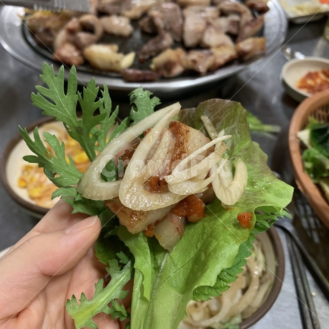 뒷고기,고기쌈,쌈,삼겹살,상추,쑥갓,음식,식재료,요리,food,cook,meal,dishes,food reserves,육류,고기,meat