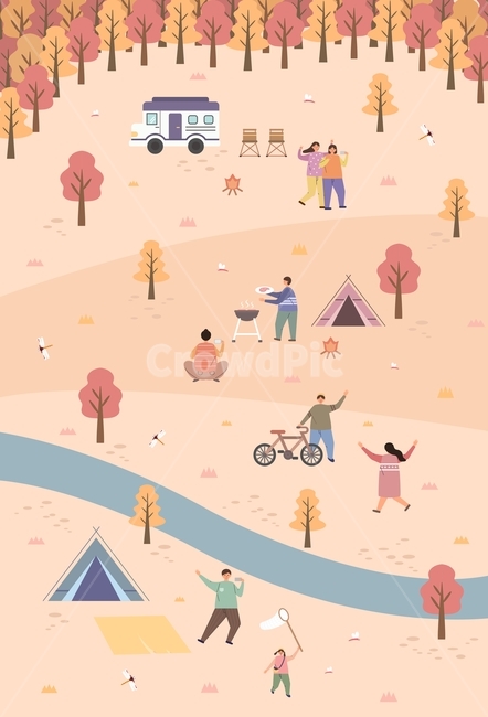 가을,캠핑,자전거,텐트,잠자리,사람,캐릭터,여자,남자,커플,풍경,계절,단풍,공원,일러스트,그림,디자인,가을,계절,fall,autumn,season,그래픽,일러스트레이션,graphic,illustration