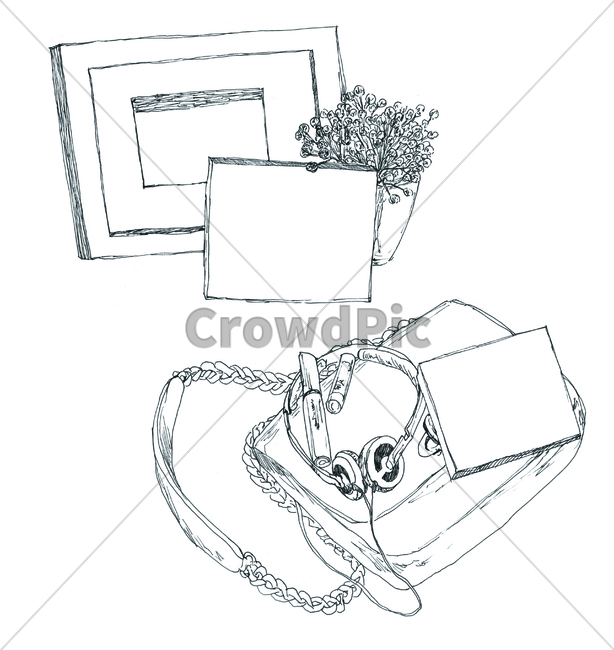 손그림,handdrawing,팬그림,팬라인,pen,penline,penpicture,pendrawing,화분,flowerpot,pot,헤드폰,headphones,핸드백,액자,frame,handbag