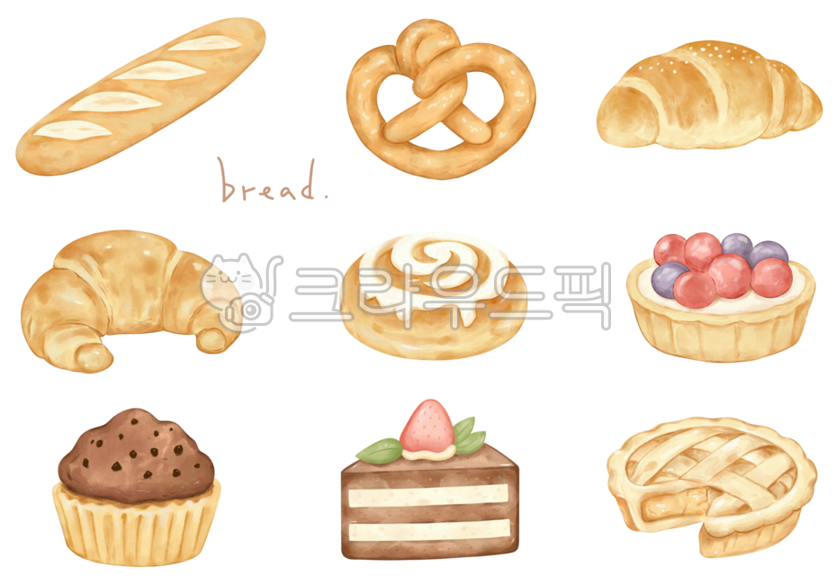 Baguette,pretzel,salt bread,croissant,pastry,cinnamon roll,tart,fruit tart,muffin,chocolate muffin,strawberry cake,cake,slice of cake,chocolate cake,apple pie,pie,bread,snack,bakery,pastry chef,cream,soft,beige,brown,bread drawing,