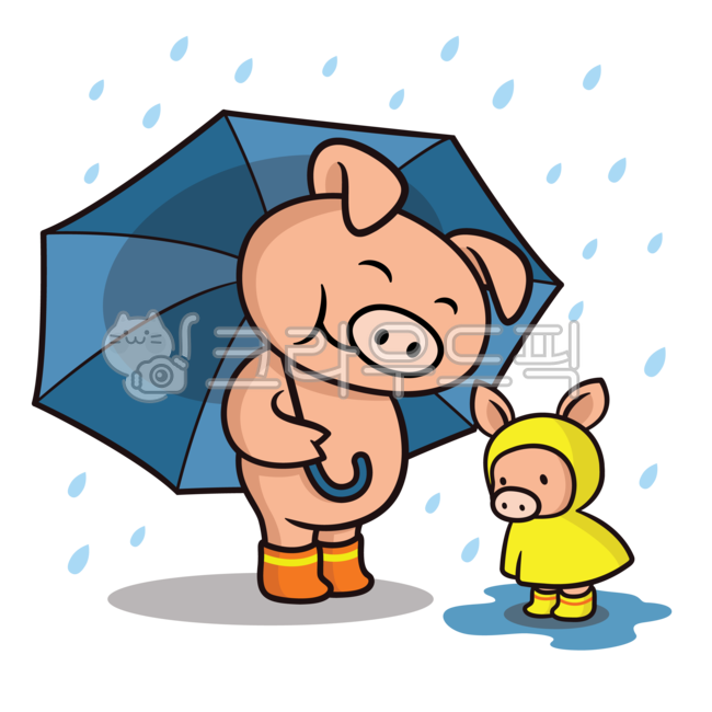 돼지,돼지그림,돼지일러,돼지일러스트,돼지일러스트레이션,비,장바,우산,비옷,아기돼지,장화,가족,물장난,웅덩이,우의,비오는날