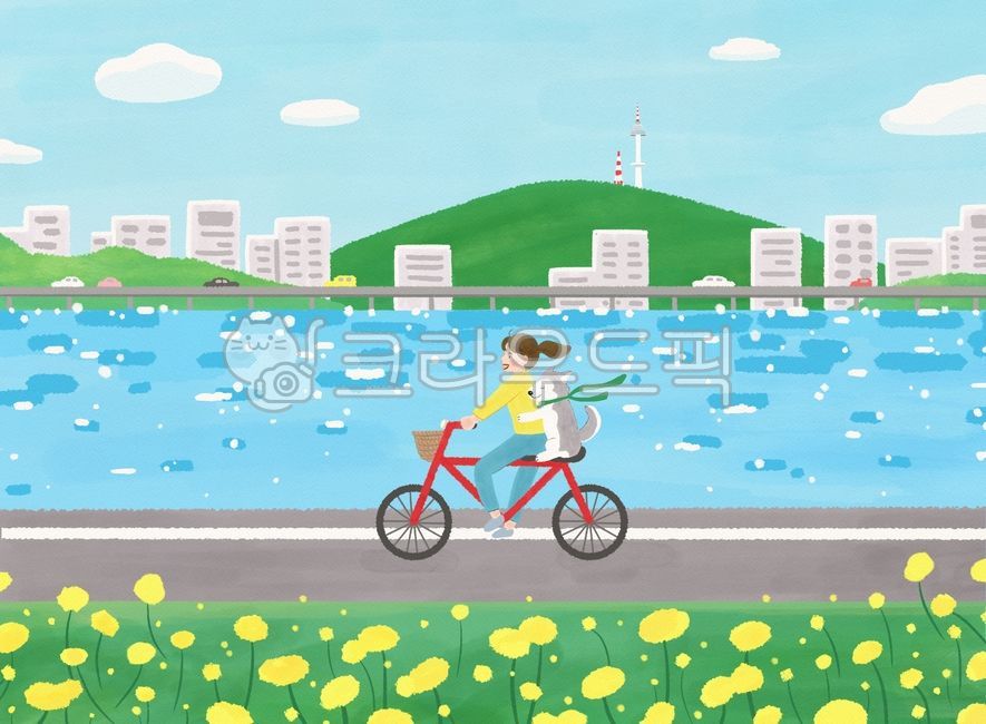 한강,자전거,자전거라이딩,사랑,힐링,휴일,바람,꽃,개,강아지,시베리안허스키,사람,여자,소녀,그림,일러스트,bicycle,hangangriver,river,riding,love,healing,holiday,wind,flower,dog,puppy,siberianhusky,person,woman,girl,wheel,바퀴,namsantower,남산타워,감성일러스트
