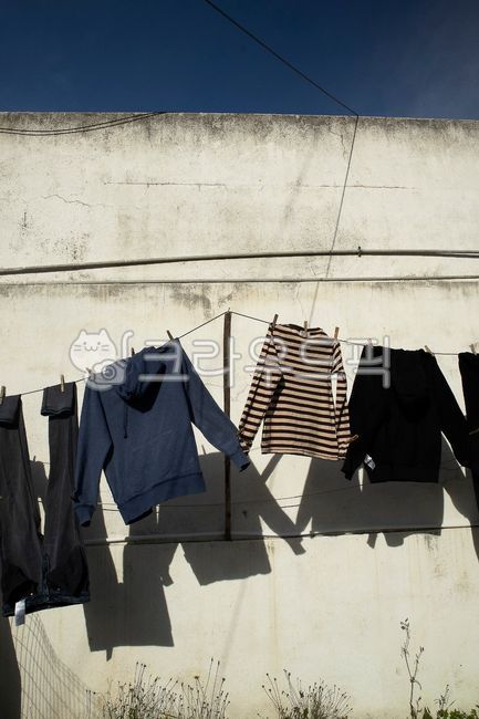 빨래,빨래줄,세탁,빨래집게,햇빛,집안일,바지,티셔츠,그림자,담벼락,laundry,clothesline,clothespins,sunlight,housework,pants,tshirt,shadow,wall