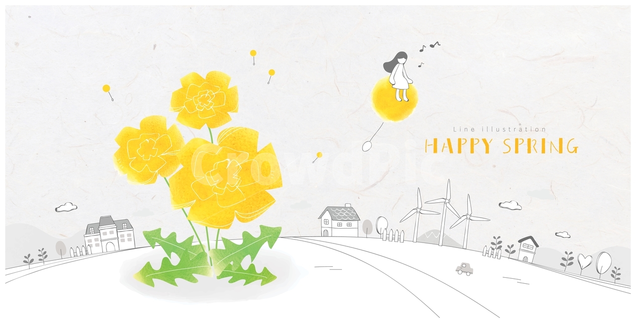 꽃,민들례,봄,마을,집,여자,소녀,감성,백그라운드,배경,봄,계절,spring,season,꽃,flower,그래픽,일러스트레이션,graphic,illustration,art,미술,pattern,무늬,floral design,플로랄 디자인,plant,식물
